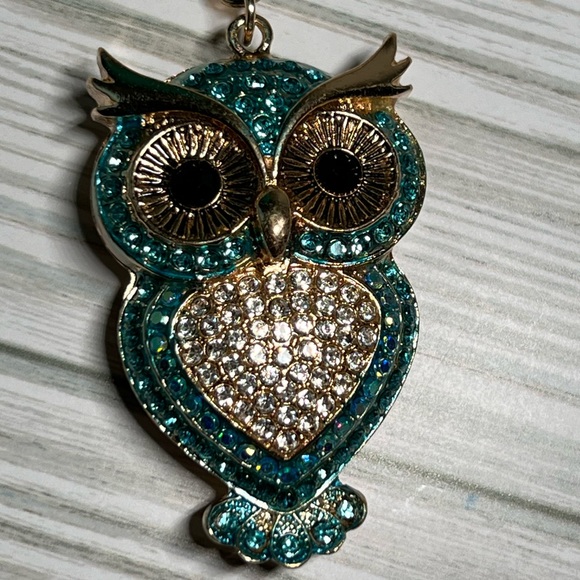 NEW Rhinestone Owl Key Chain/Bag Charm, Teal/Blue on Gold Toned Zinc Alloy - Picture 4 of 6